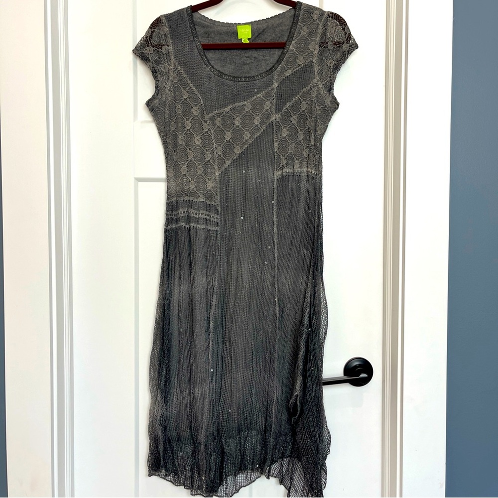 Adam Jacobs Women’s Sz Small Gray Dress Cap Sleeve Mesh Lace Embellishments Midi